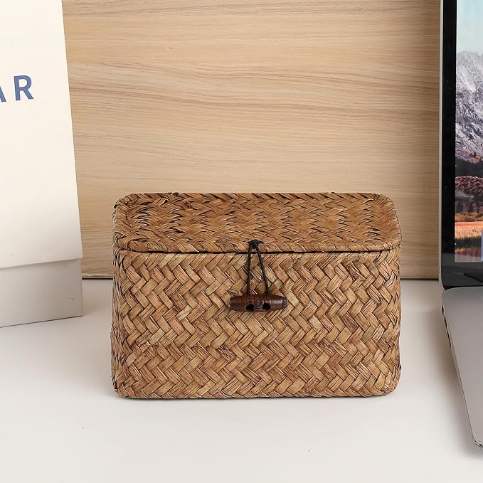 Handwoven Wicker Storage Basket Small Seagrass Box with Lid Multipurpose Table Organizer for Dental Floss Paper Clip Holder, 6.1" x 4" x 3.3"