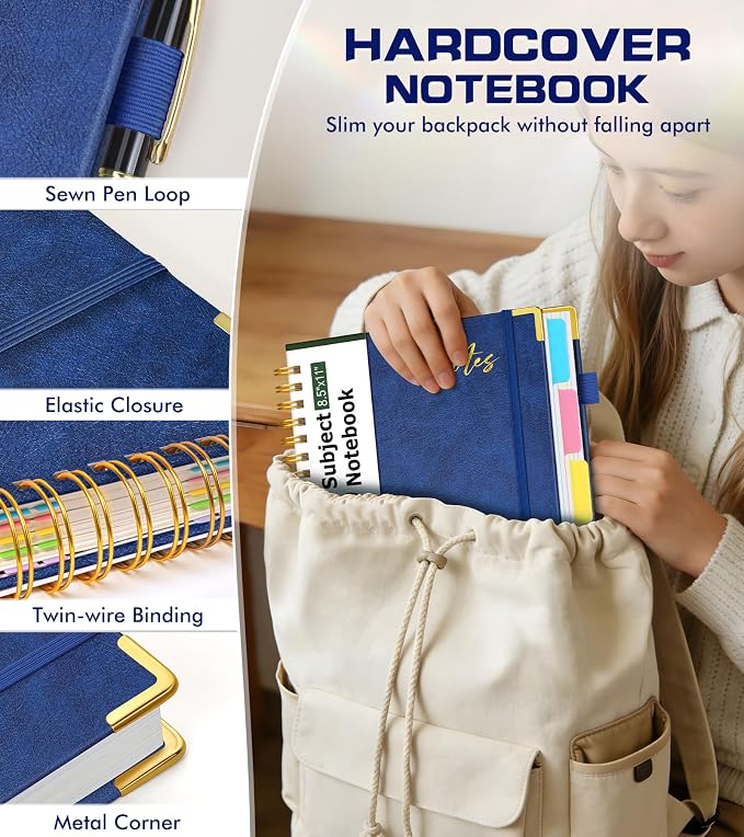 Hardcover Spiral Notebook Journal 8.5" x 11" Leather 5 Subject Notebook with Removable Dividers Tabs, 300 Pages Organizer Notebooks for Work School, College Ruled, Large Lined Journal for Women,Navy
