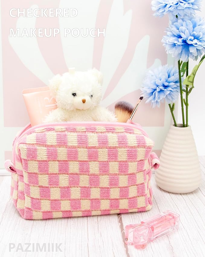 Checkered Makeup Bag for Purse, Small Travel Cosmetic Pouch,Pink Beige | Cute Zipper Makeup Organizer for Women, Travel Essentials, Toiletries, Makeup Brushes, Beauty Accessories&Bridesmaid Gifts