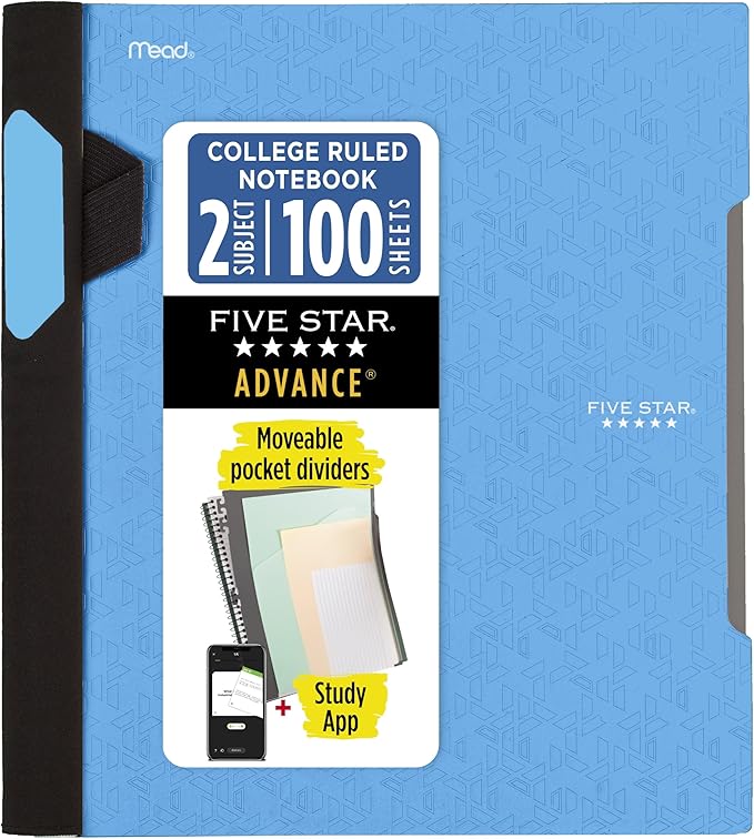 Five Star Advance Spiral Notebook + Study App, 1 Subject, College Ruled Paper, 8-1/2" x 11", 100 Sheets, Spiral Guard, Movable Tabbed Dividers, Pacific Blue (820012D-ECM)