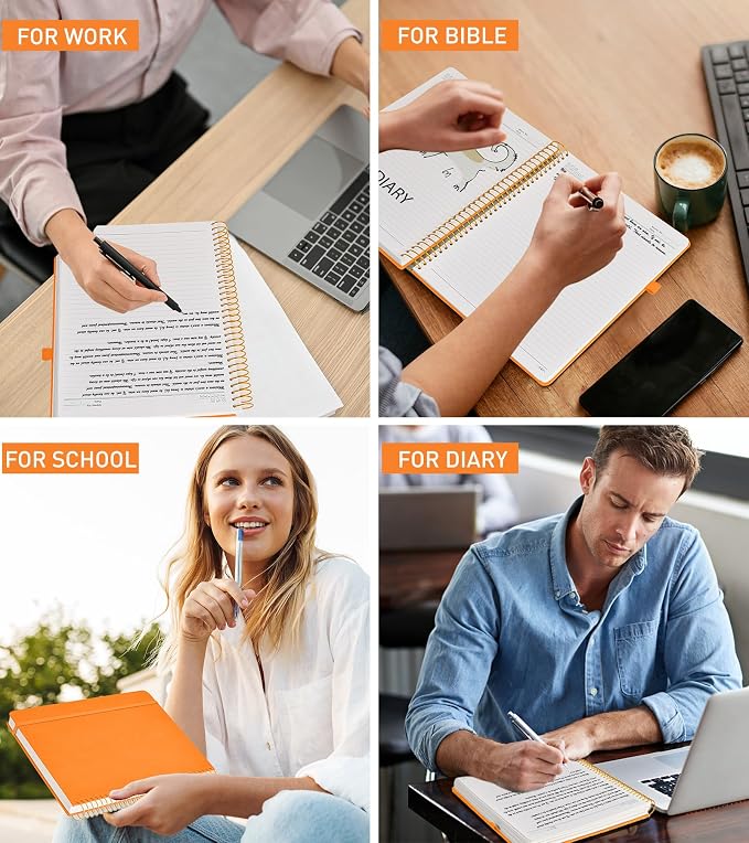 B5 Spiral Notebook Journal 7.6” x 10”, 300 Numbered Pages Hardcover Leather Journals for Women Men, Large Lined College Ruled Notebooks, 100GSM Thick Paper, Spiral Bound Journal for Work School, Orange