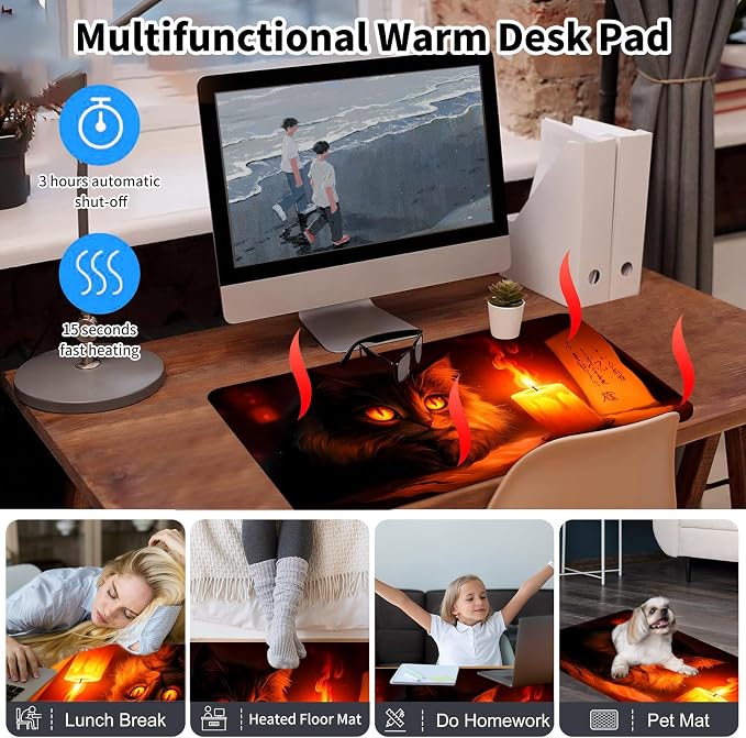Heated Desk Pad Mouse Pad,Heated Desk Mat,with 3 Heating Levels & 3 Hours Auto Shut-Off,Leather 23.6"*14.2" Gaming Mouse Laptop Mat,Foot Warmer,Cute Cat Candlelight