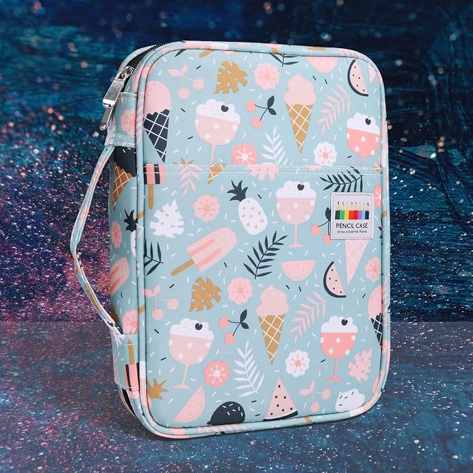 JAKAGO 220 Slots Colored Pencil Case Large Capacity Pen Holder for Artist Painter Zipper Organizer Bag for Marker Highlighter Storage Case for Office Sketch Travel Supplies (Ice Cream)