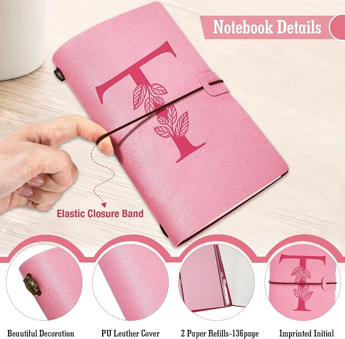 Personalized Journal Gift-Pink Initial Leather Journal+Heart Diamond Pen Set,Travel Notebook Diary Gifts,Refillable Notepads,Christmas,Birthday Gifts for Women Girls (7.9"x4.7") (T)