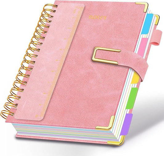 Hardcover Spiral Notebook College Ruled, 8.5"x11" Leather Journal Notebook with Magnetic Closure, 300 Pages 5 Subject Notebook with Dividers Tabs Journal for Women Men, Work, School(Pink)