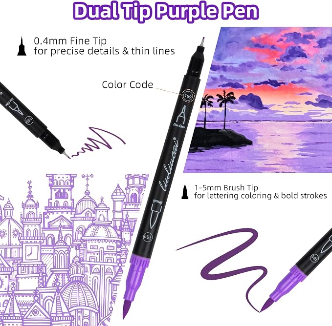 LIULIUCAI 10 Purple Dual Marker, Fine & Brush Tip Pen for Adult Coloring | Violet Marker Pen, Royal Purple Markers for Galaxies, Lavender, Fantasy Art, Outlining Illustration, Mystical Designs