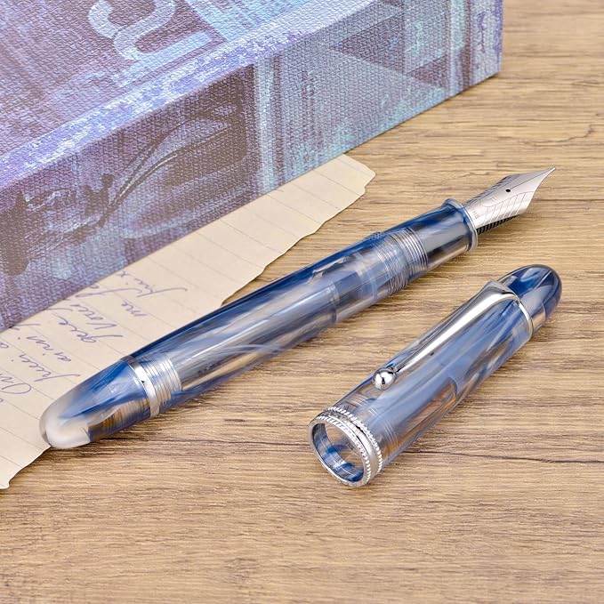 Asvine V800 Fountain Pen -Vacuum Filling System with Large Ink Capacity - Number 8 Stub Nib 1.1mm Calligraphy Art Drawing with Wrench Gift Set - Blue Brown