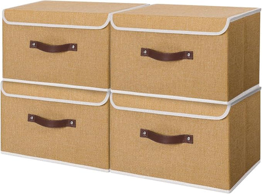 ANMINY 4PCS Storage Bin with Lid Storage Boxes with PU Leather Handles PP Plastic Board Decorative Foldable Lidded Cotton Linen Fabric Home Cubes Baskets Closet Organizer Container - Khaki, Medium
