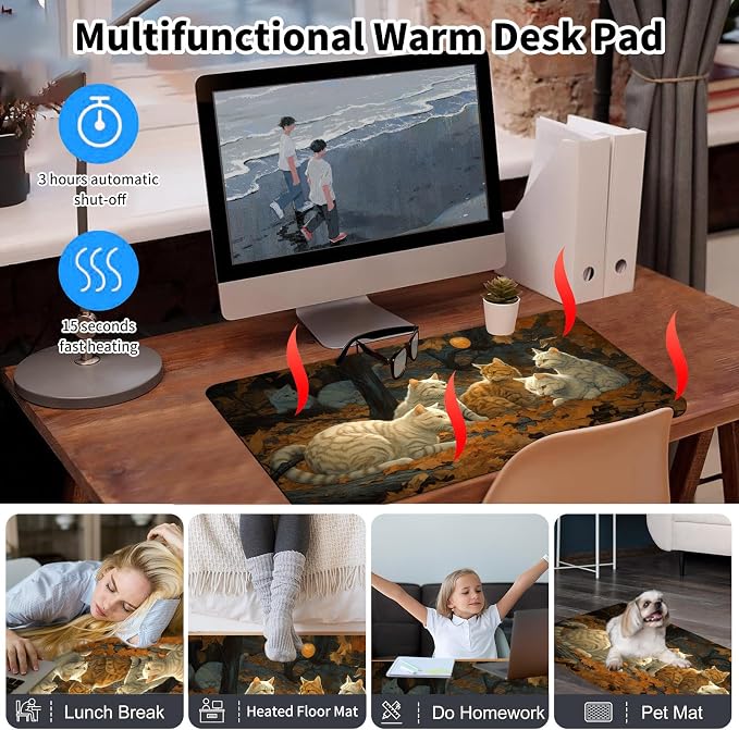 Heated Desk Pad Mouse Pad,Heated Desk Mat,with 3 Heating Levels & 3 Hours Auto Shut-Off,Leather 23.6"*14.2" Gaming Mouse Laptop Mat,Foot Warmer,Maple Leaves Cat