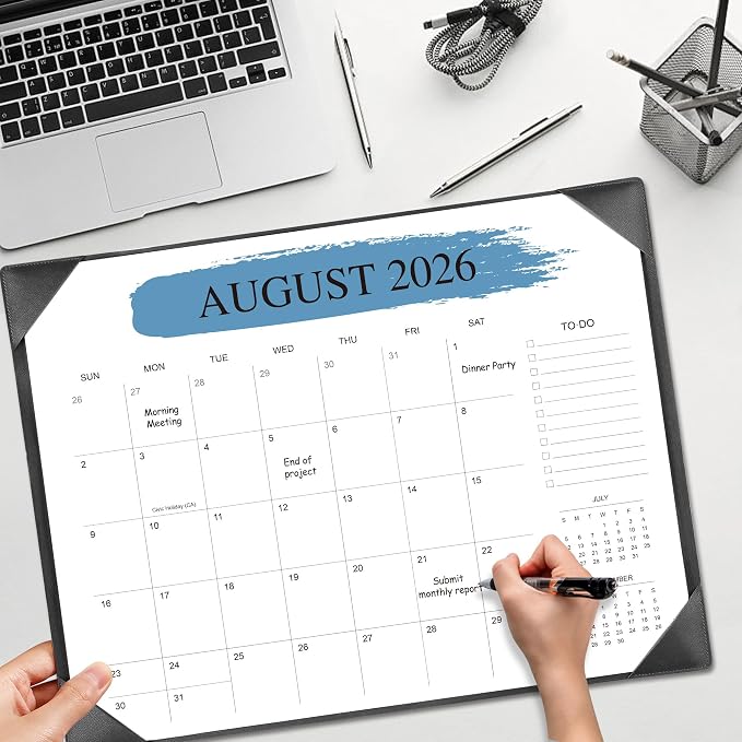 Desk Calendar 2026-2027 with Desktop Mat （22" x 17"）– Jul. 2026 - Dec. 2027 (Black)