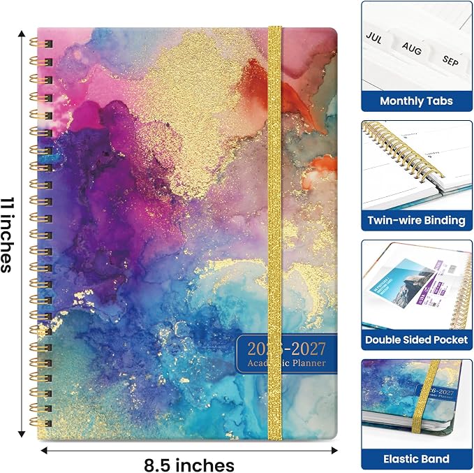 Planner 2026-2027, Academic Year Monthly and Weekly Calendar Planner, Jul 2026 - Jun 2027, Hardcover Teacher Student Planning Agenda book with Tabs, Perfect for School Office Supplies, 8.5" x 11" - Color Splash