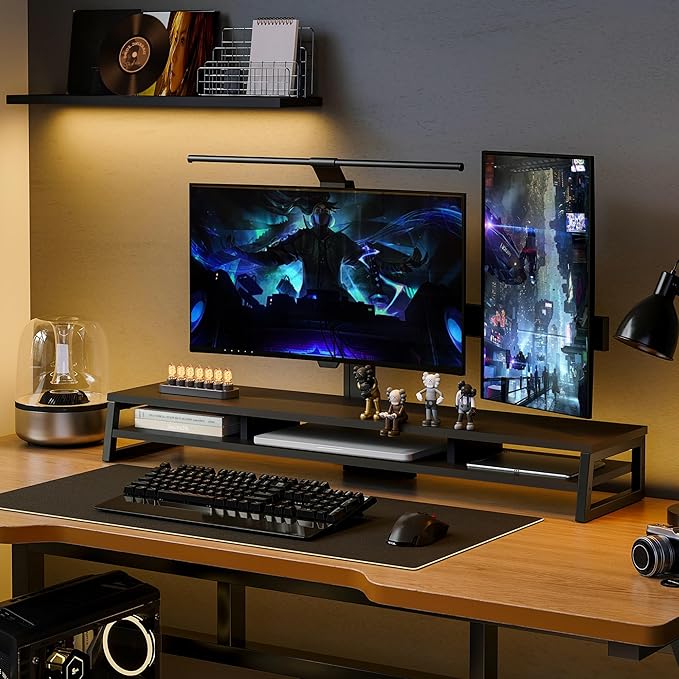Fenge Dual Monitor Riser for Desk, Open Shelf with 3 Storage Compartments | 42.5in Computer Monitor Stand, 2-Tier Desk Shelf for Top of Desk,One-Piece Panel, fit Ultrawide Monitor, PC, Laptop, Black