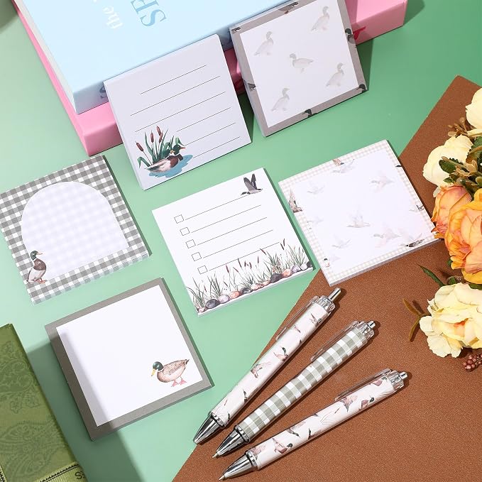 Sabary 18 Pcs Stationery Set, 12 Aesthetic Pens & 6 Sticky Notes, Valentines Gifts, Baby Shower Party, Cute Office School Supplies, Gifts for Women Students Nurses Teachers Coworker(Mallard Duck)