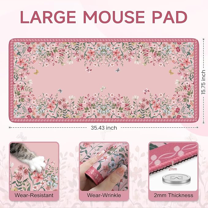 iCasso Desk Mat Pink,Long Mouse Pad with Stitched Edges,Non Slip Computer Pad for Women,Cute Aesthetic Keyboard Mat for Desktop,Large Desk Cover Protector Work from Home School