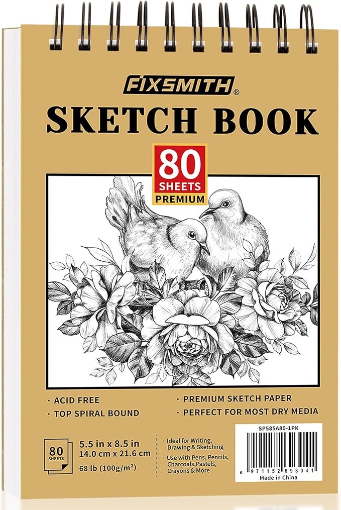 FIXSMITH 5.5"X8.5" Sketch Book | 80 Sheets (68 lb/100gsm) Sketchbook | Top Spiral Bound Artist Sketch Pad | Acid Free Drawing Pad | Ideal for Kids, Beginners, Artists & Painters | Bright White