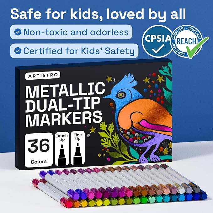 ARTISTRO 36 Metallic Dual-Tip Acrylic Paint Markers – Paint Pens Set with Dot & Fine Tips for Fabric, Rock, Glass, Wood, Coloring Books – Arts & Crafts Gift – Classroom Must Haves & School Supplies