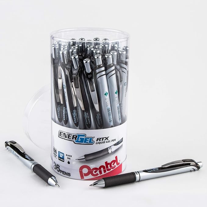 Pentel EnerGel RTX Retractable Liquid Gel Pen Canister, Black Ink (BL77PC36A) (Pack of 1, 36 Count Total)