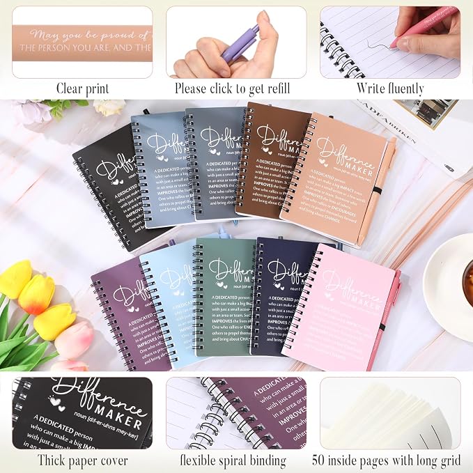 Resurhang 10 Sets Difference Maker Employee Appreciation Gift Bulk Inspirational A6 Spiral Notebook Journal Ballpoint Pens for Teacher Volunteer Coworker Team Back to School (Office Colors)