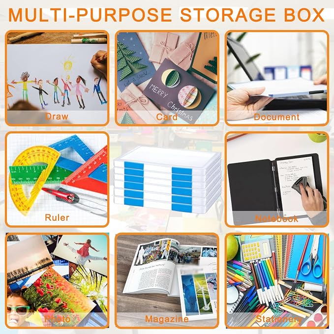 LonlyEagle 6 Pack A4 File Portable Project Case, Plastic Storage Box for 8.5" x 11" Letter Paper, Documents Magazines Holder Scrapbook Paper Storage Boxes (blue)