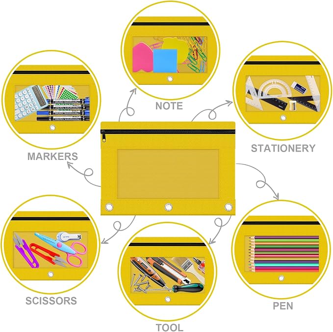 Pencil Pouch for 3 Ring Binder, 2 Pack Pencil Bags with Zipper, Yellow Pencil Case for Classroom School Office Supplies, Large Sturdy and Durable Cloth Pencil Pocket for 3 Holder Binder