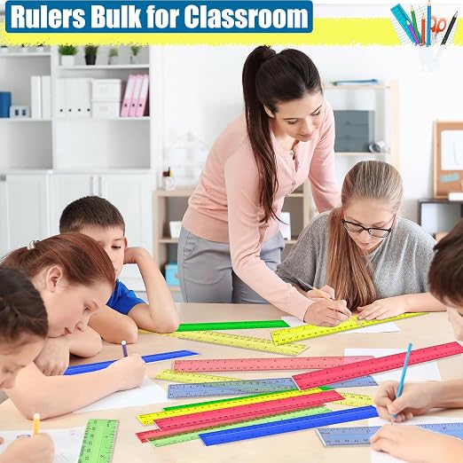 Ruler, 64 Packs 12 Inch Clear Plastic Rulers Bulk for Classroom, Transparent Assorted Color Ruler with Centimeters and Inches, Metric Rulers for Kids, Ideal Back to School Office Home Supplies