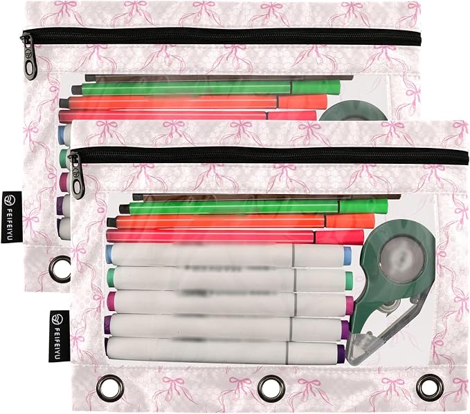 Wamika Bowknot Pink Binder Pouches 3 Ring for Boys Girls School Office College Supplies Cute Bow Ribbon Tie Pencil Pouches Case Bag with Clear Window and Zipper 2 pack