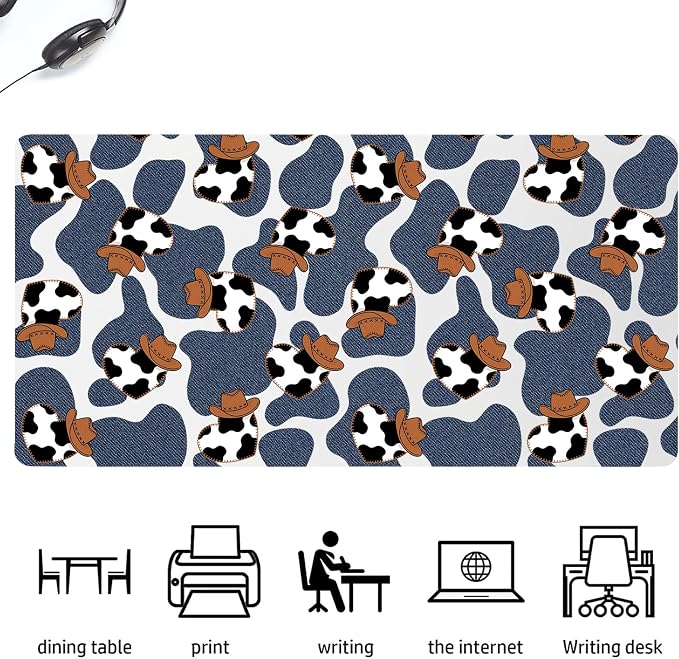 Cow Print Western Leather Desk Mat Extended Gaming Mouse Pad | Non-slip Large Writing Pad Laptop Blotter Computer Keyboard Mat | Cute Desk Protector for Home Office 27.6" x 13.8"