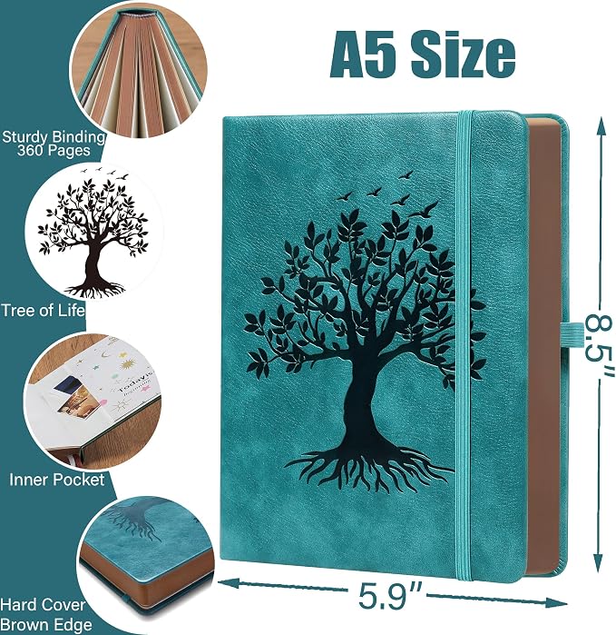 ZXHQ 360 Pages Thick Journal for Women & Men, A5 Lined Journaling Notebook for Writing, Hardcover, 100Gsm Paper, Tree of Life Design, Pen Set, Vintage Brown Edge, Back Pocket, Seagreen