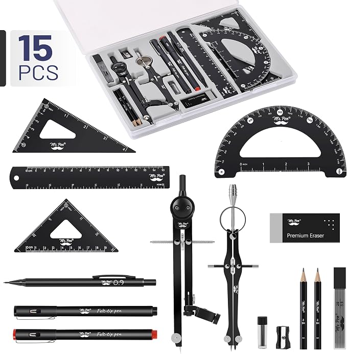 Mr. Pen- Professional Geometry Set, 15 pcs, Drafting Tools with Protractor | Compass, Metal Ruler, Triangles, Pens & Pencils, Complete Geometry & Drafting Kit for Architects, Engineers & Students