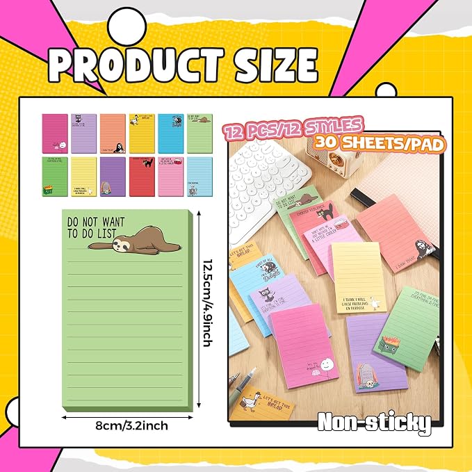 12 Pack Funny Notepads, 5x3 Inches Sarcastic Note Pads Memo Fun Office Gifts for Coworkers Work Women Men Employee Teacher Boss Desk Accessories Gifts(Funny,Multicolor)