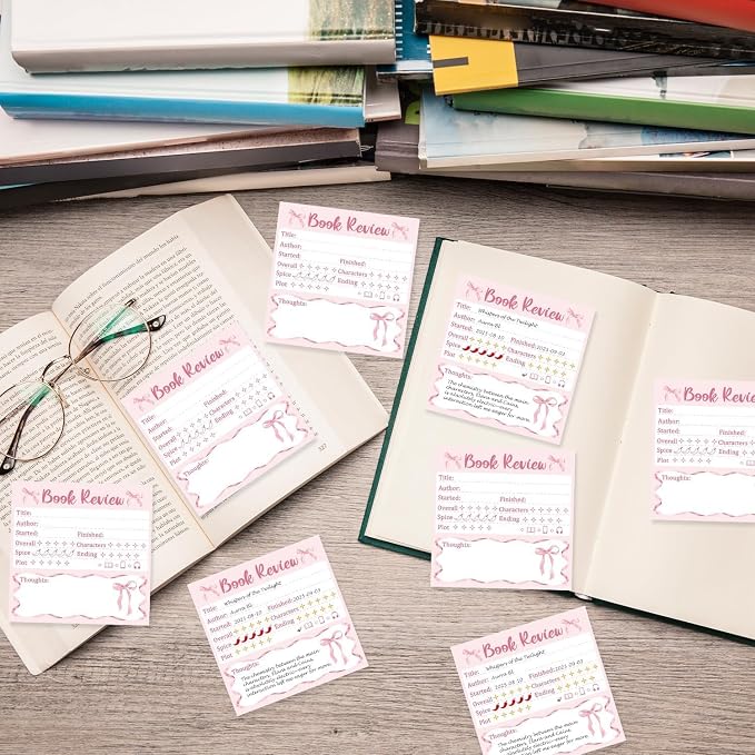 L1rabe Book Review Mini Sticky Notes - 6PCS Pink Bow Self-Stick Notepads | Back to School Memo Pads for Student, Reading Tracker Log Stickers, Book Lovers Readers Bookish Bookworm Supplies, 300 Sheets
