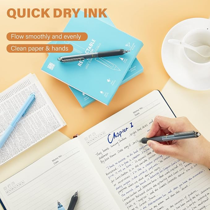 ParKoo Gel Pens Quick Dry Ink Fine Point 0.5mm, Retractable Rolling Ball Blue Ink Pen, Click Silent Pens Set for Journaling Notetaking Drawing Sketching Smooth Writing Non Bleed 12pcs