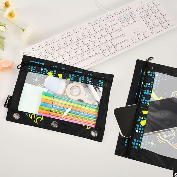 Play Game Binder Pouches 3 Ring for Boys Girls School Office College Supplies Toy Game pad Black Pencil Pouches Case Bag with Clear Window and Zipper 2 Pack