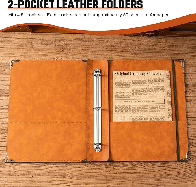 Ovesmusl PU Leather 3 Ring Binder 1 Inch Round Ring Binder Holds 200 Sheets 8.5"x11" Letter Size Paper, Wedding Family History Notebook Cover Loose Leaf Organizer, Brown