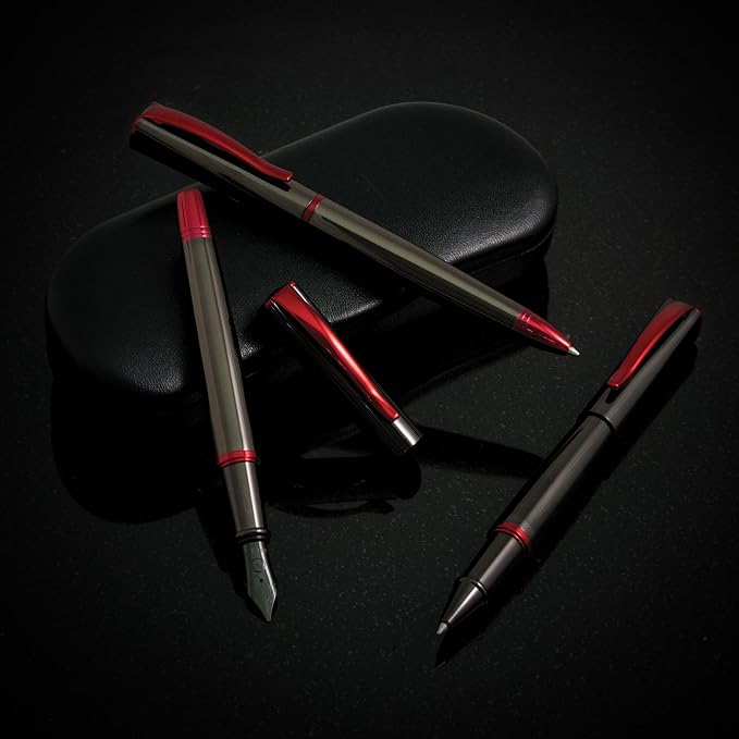 Monteverde USA Impressa Fountain Pen Gun Metal with Red Trim - Stub Point - JoWo German Nib