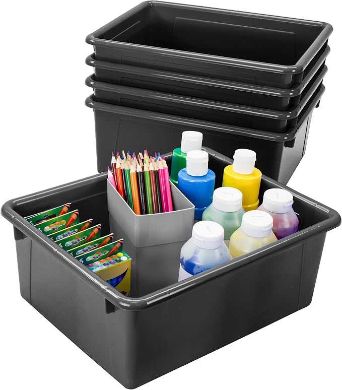 Storex Letter Size Deep Storage Tray – Organizer Bin for Classroom, Office and Home, Black, 5-Pack (62523A05C), 10 x 13 x 5 Inches