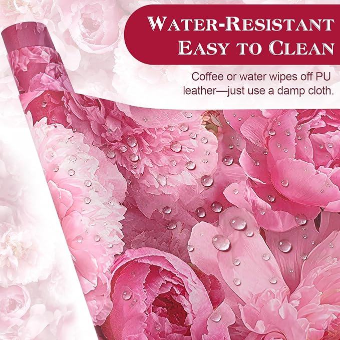 Desk Mat, 31.5 x 15.7 in, Pink Peony Floral PU Leather | Keyboard and Mouse Pad, Non-Slip Base, Waterproof, Easy Clean, Office Gaming Computer Protector