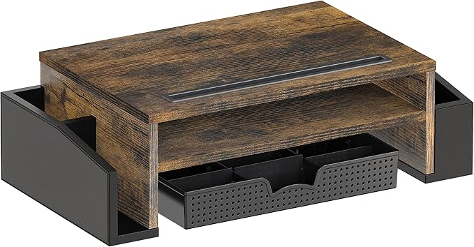 Simple Houseware Desk Monitor Stand Riser w/ Adjustable Tray, Rustic Brown | Built-In Tablet Slot and Side Storage