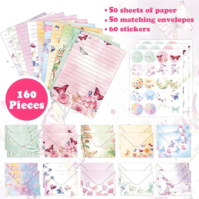 FUNCLASS 160 Pcs Butterfly Stationery Set Letter and Envelopes | 50 Lined Stationery Paper and 50 Matching Envelopes , 5.5 x 8.25 Inches Letter Writing Stationery for Home, Office, School