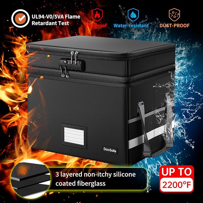 DocSafe File Box with Lock,Multi-Layer Fireproof Document Box Collapsible File Storage Organizer with Pockets/Handle,Large Portable Home Office Filing Safe for Hanging Letter/Legal Size Folders,Black