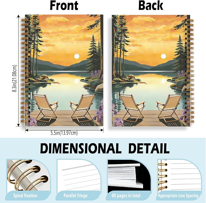 Boho Sunset Lake Camping Journal Notebook 5.5x8.3, Camping Lover Gifts Journal for Women Men, Camper Gifts, Rustic Nature Lake Landscape Notebooks for Work