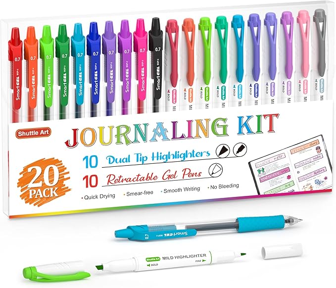 Shuttle Art 20 Pack Journaling Kit,10 Colors Dual Tip Highlighters and 10 Colors Retractable Gel Ink Pens,Perfect for Adults Coloring,Underlining, Highlighting, Writing in Office Home&School