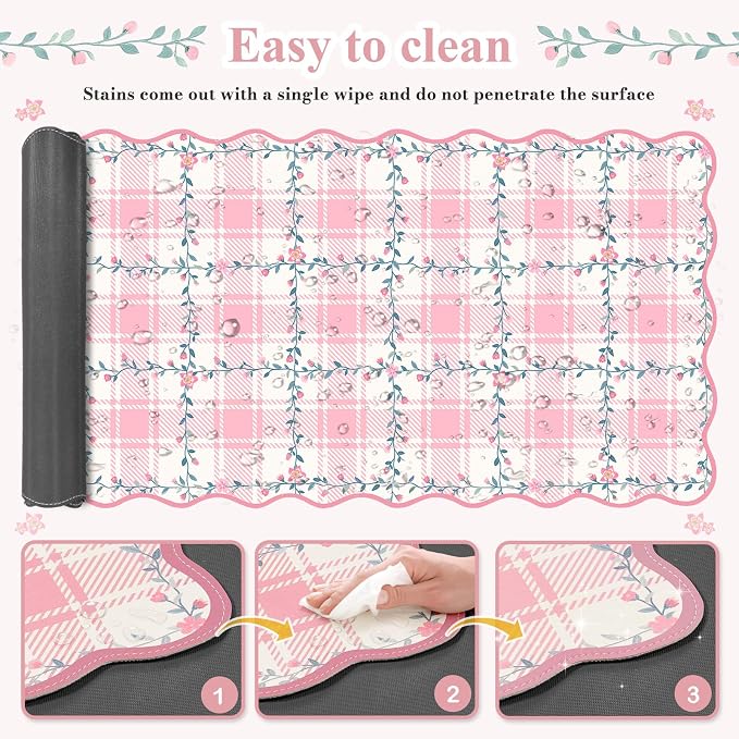 iCasso Vintage Floral Desk Mat, Large Mouse Pad, XXL Leather Scalloped Checkered Computer Mat, Back to School Girly Non-Slip Base Mousepad, Pink Desk Accessories for Home Office (Light Pink)