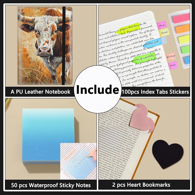 A5 Leather Lined Journal Notebook, 200 Pages Hardcover Executive Notebook for Men Women Office School Note Taking, Thick Writing Paper Daily Journal with Bookmarks/Indexes, Cow Watercolor
