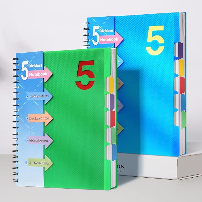 CAGIE Spiral Notebook 8.5 x 11 with Dividers 5 Subject Notebook with Tabs Wide Ruled A4 Spiral Bound Journal for Note Taking Work School Supplies, 220 Pages, Green | College Ruled 240 Pages Spiral Notebook for Note Taking, School, Work, Green