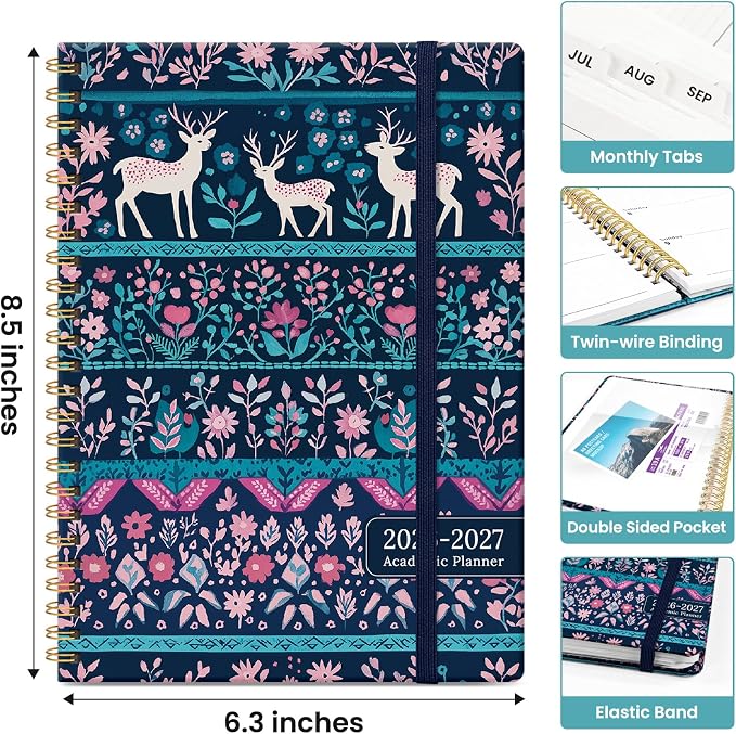 Planner 2026-2027, Academic Monthly and Weekly Calendar Planner for Women, July 2026 - June 2027, Hardcover Pretty Agenda Planner Book with Tabs, Spiral Daily Organizer for School Office Home Supplies, 6.3" x 8.5" - Nordic Forest