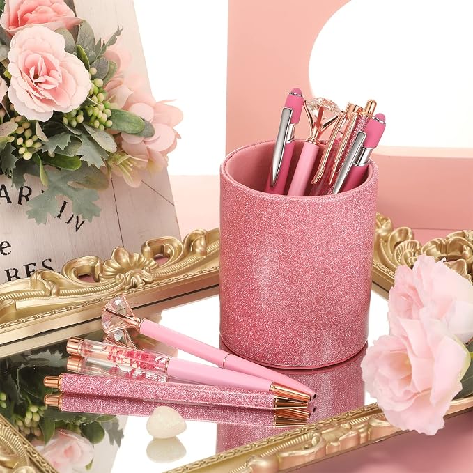 Sabary 8 Pcs Pink Pens with Pen Holder for Desk Glitter Crystal Diamond Cute Ballpoint Fancy Pencil Holder Bling Desk Organizer for Women Girls School Office Supplies Wedding Graduation Gifts