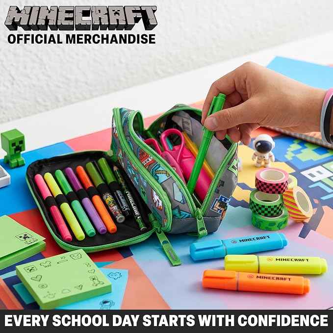 Get Trend Minecraft Pencil Case for Boys, Pencil Pouch with 2 Zipped Compartments, Back-to-School Marker & Pen Case, Organizer for School Supplies, Stationery, Gamer Gifts (Green/Multi Minecraft)