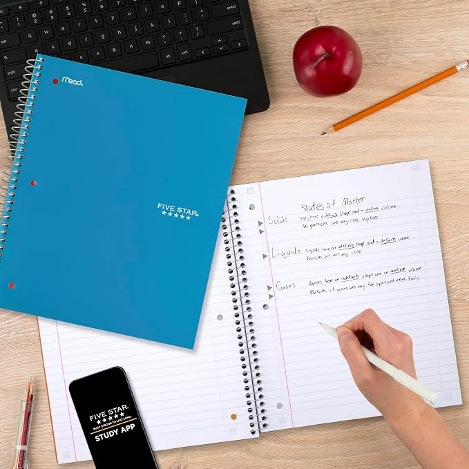 Five Star Spiral Notebook + Study App, 5 Subject, Wide Ruled Paper, 8" x 10-1/2", 200 Sheets, Fights Ink Bleed, Water Resistant Cover, Tidewater Blue (73196) (Pack of 6)