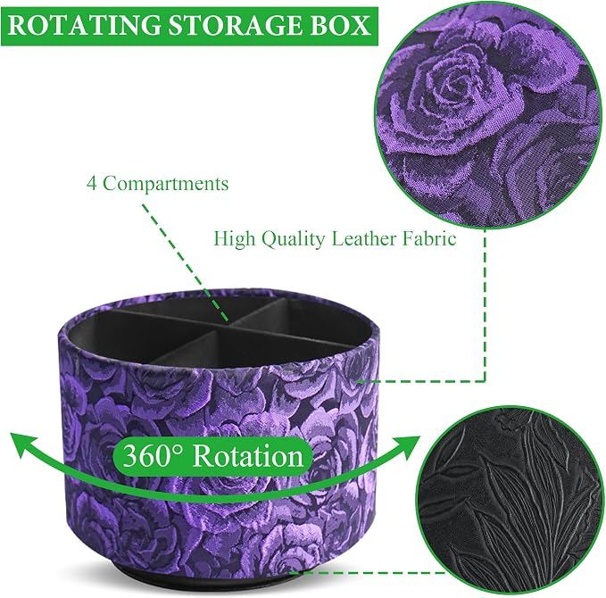Round Leather Art Supply Organizer,Remote Control Holder,360 Degree Rotating,Multi-Functional Pencil Holder,4 Compartments Desktop Stationary Organizer(1-3D Rose Purple)